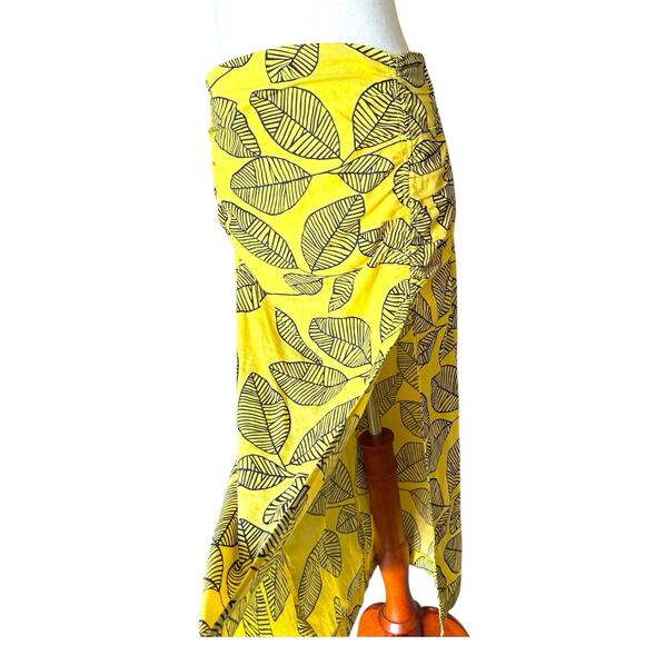 Zara Yellow Leaf Print Slit Midi Skirt High Waist Linen Blend M - Picture 5 of 9